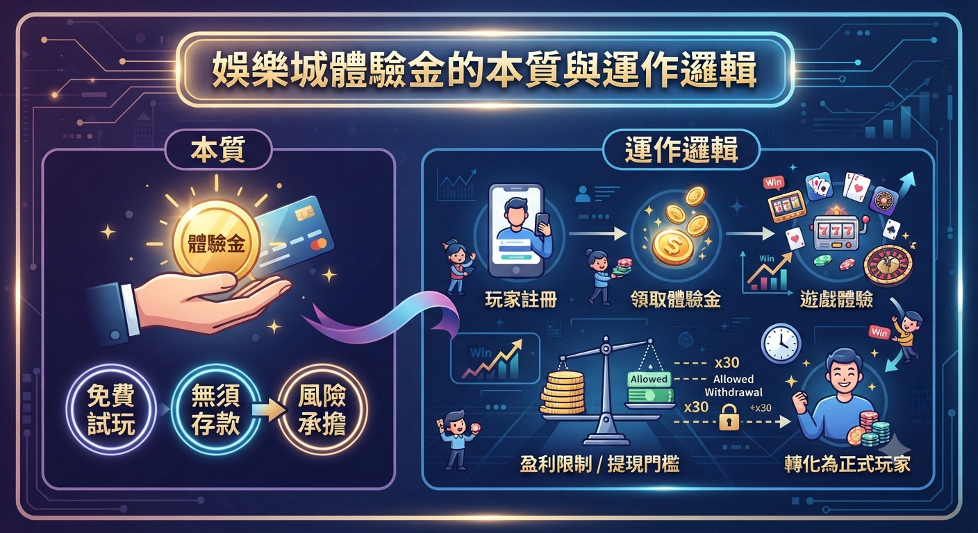 圖片上方展示了「娛樂城體驗金的本質與運作邏輯」的主題標題,並以圖解方式呈現其免費試玩、無須存款的本質以及註冊與提現門檻的運作邏輯。 整張設計採用科技感與資訊圖表風格,清晰劃分出體驗金的核心特點與玩家轉化的流程。