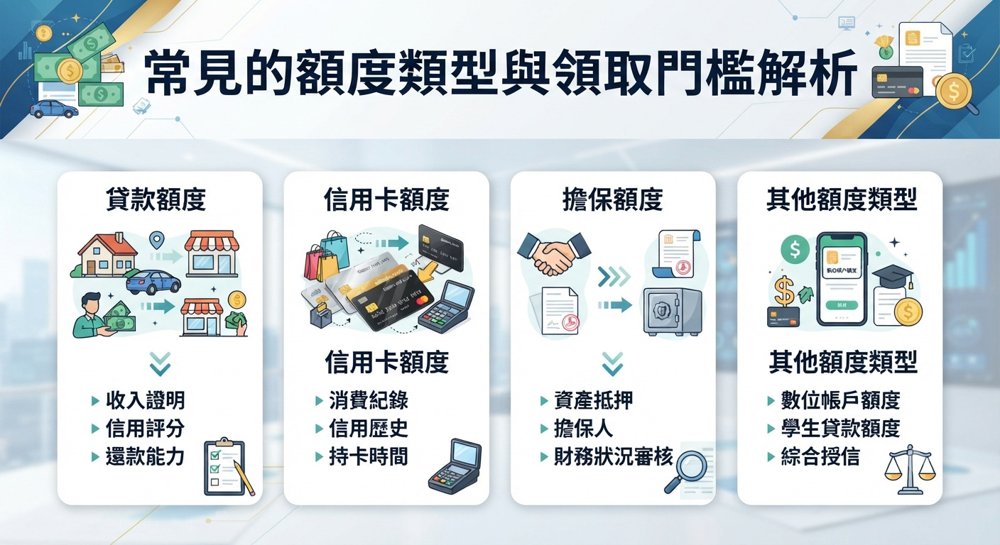 圖片上方標題為「常見的額度類型與領取門檻解析」。 下方則透過四個圖卡分別解析貸款額度、信用卡額度、擔保額度及其他額度類型的相關條件。